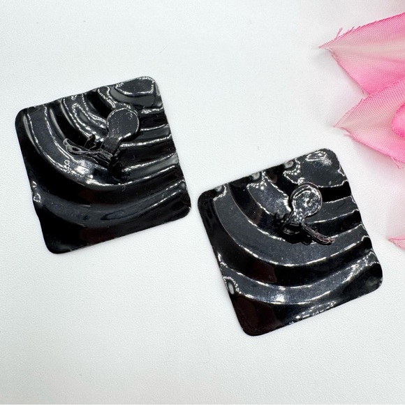 Huge 80s Retro Diamond Clip On Earrings Metallic Enamel Black Blue Statement Fun - Picture 3 of 8